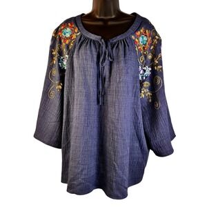 NWT Martin & Olivia Woven Boho Top Shirt Embroidered Floral Plus Sz 2X Blue Ties